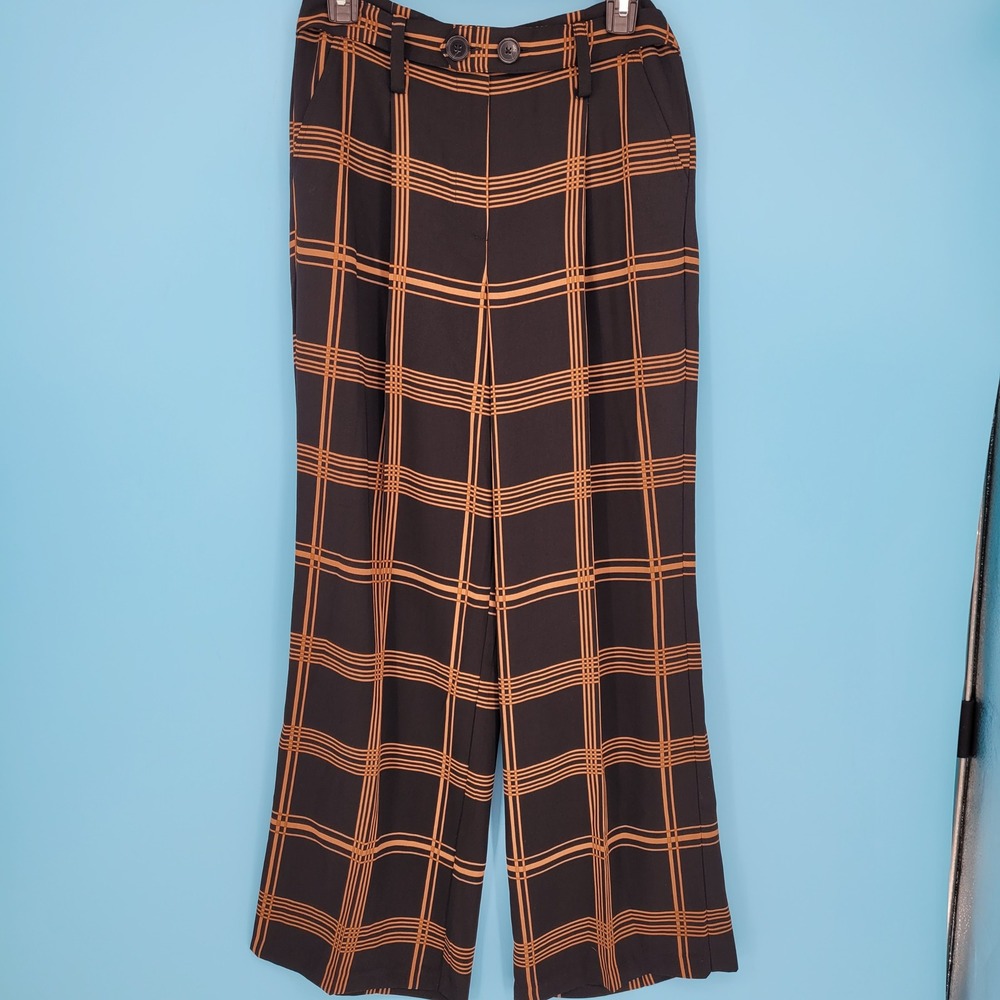 Halogen Nordstrom Black Orange Windowpane Plaid Wide Leg Trousers High Rise XS